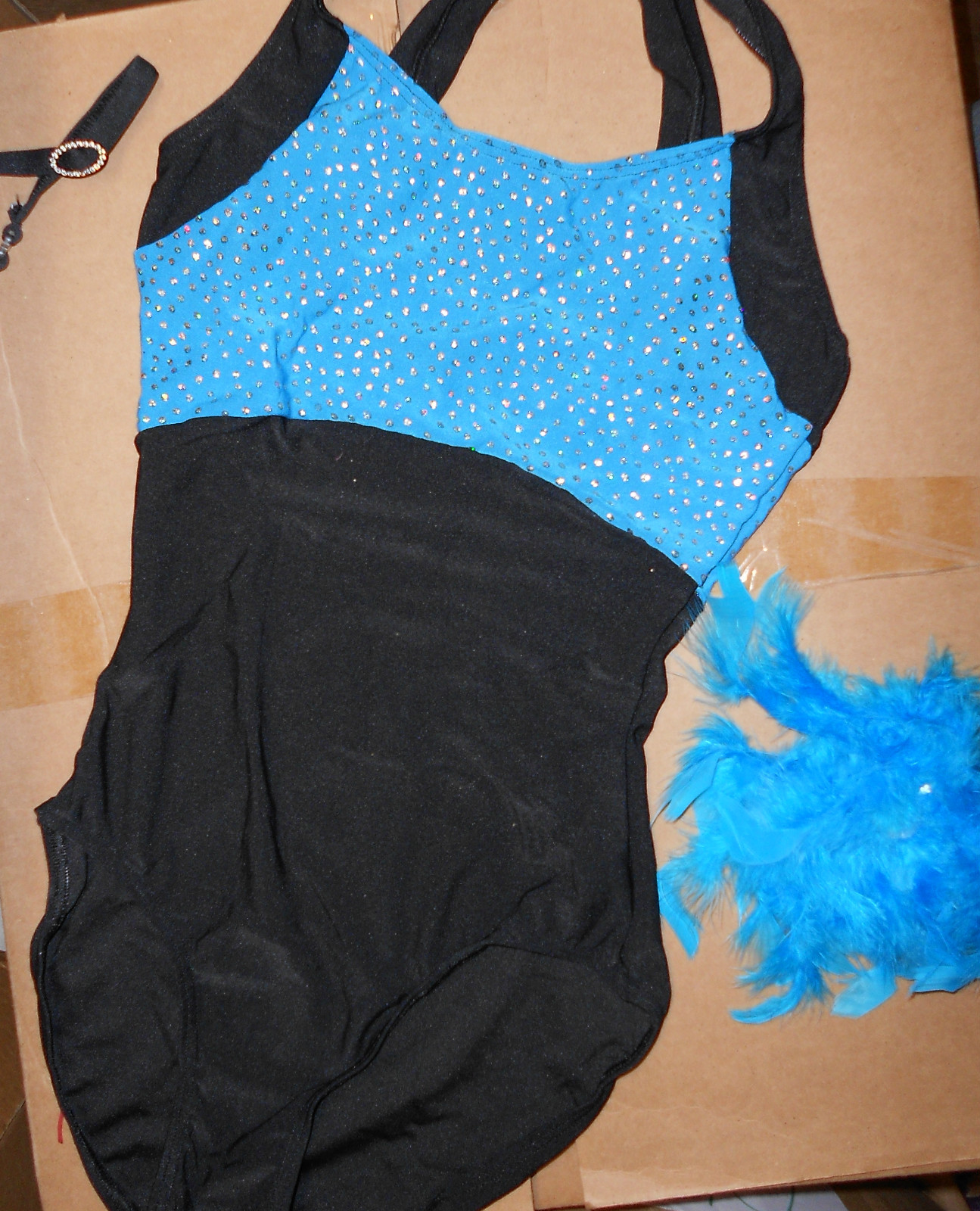GLITTERED SLINKY LEOTARD feather hdpc RHINESTONE Choker Turquoise blue black