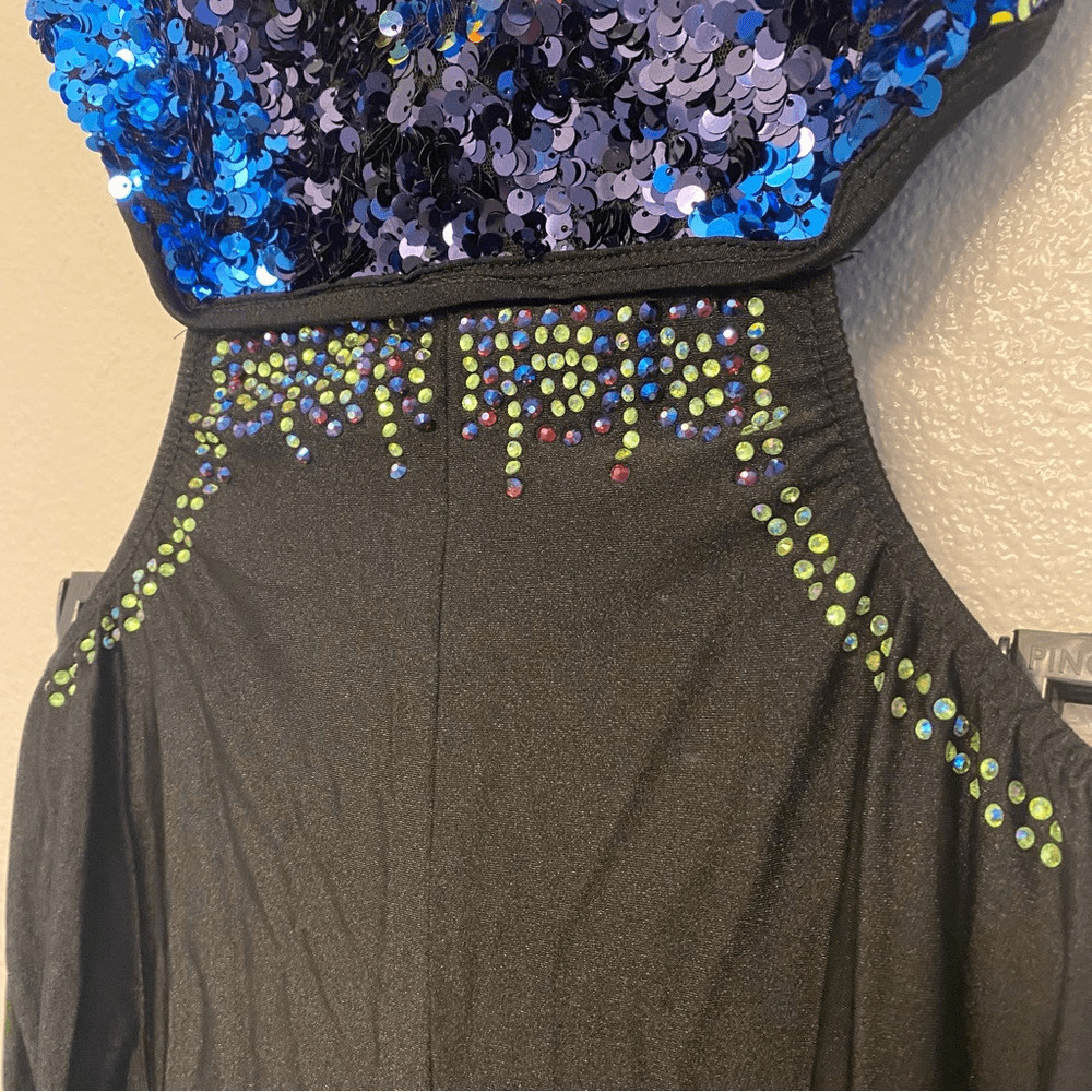 Glamour solo dance costume black sequin unitard rhinestone embellished SA adult