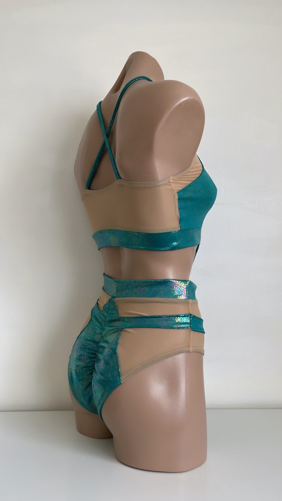 Schminke 🦎 Hybrid dance wear pole-wear nude mesh teal hologram reptile bodysuit