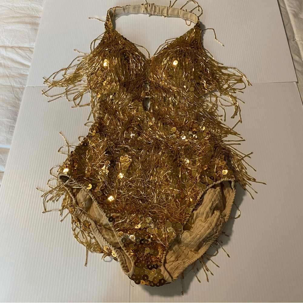 Glamour solo dance costume gold beaded fringe ballroom flapper XLA adult