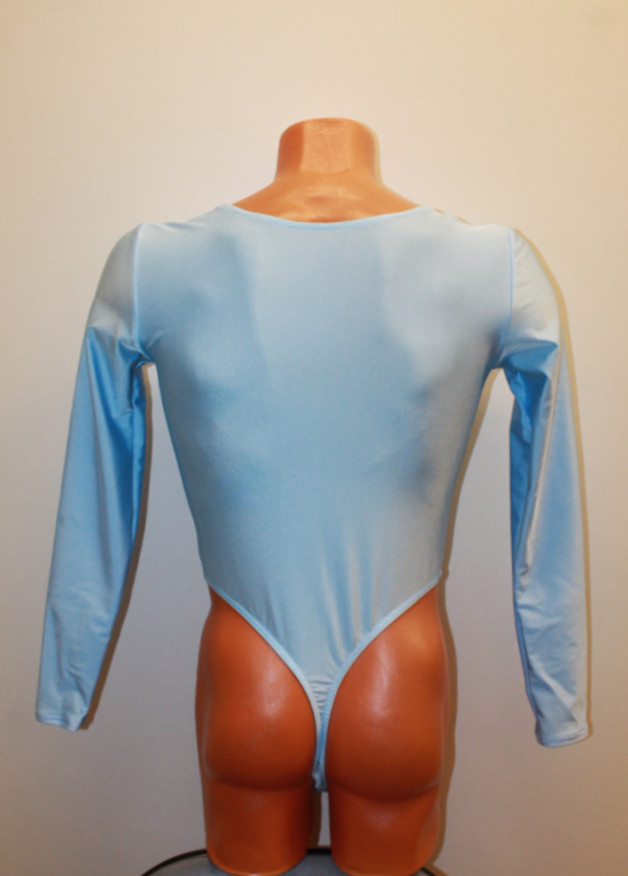 Men Thong Leotard 158-03 Long Sleeve Light Blue Spandex Size M