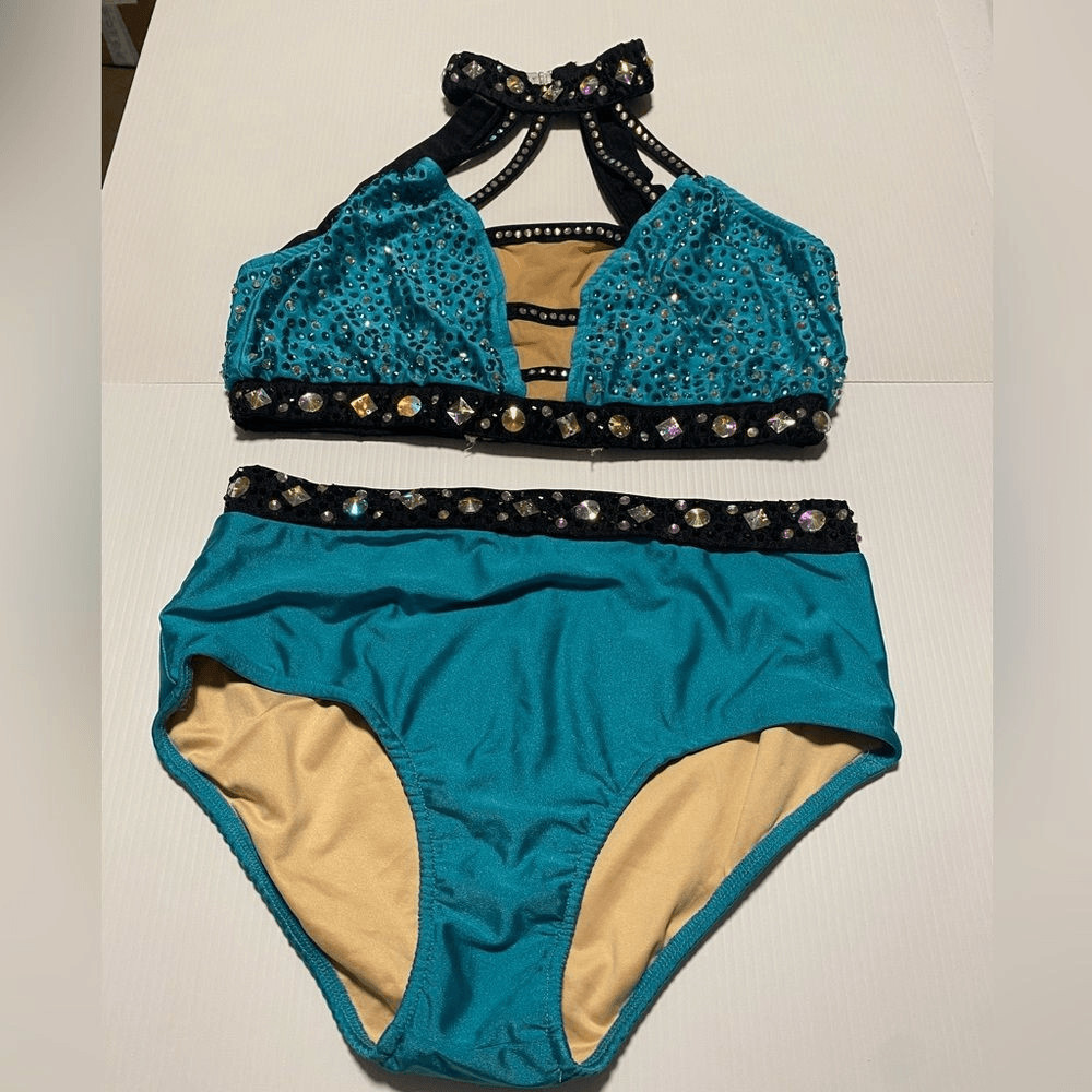 Glamour teal aqua solo 2 piece embellished Dance Costume Leotard LA-Large adult