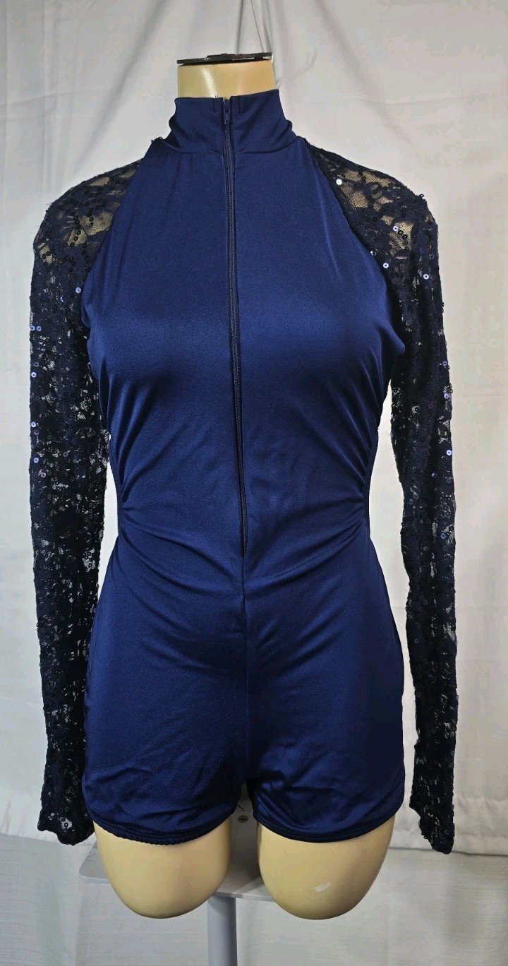 Algy Majorette Women’s Sequin Lace Long Sleeve Blue Leotard Size Medium