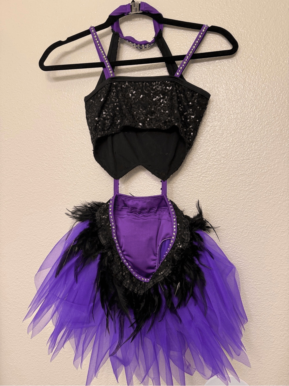 Glamour solo dance costume purple black feather rhinestone sassy LC