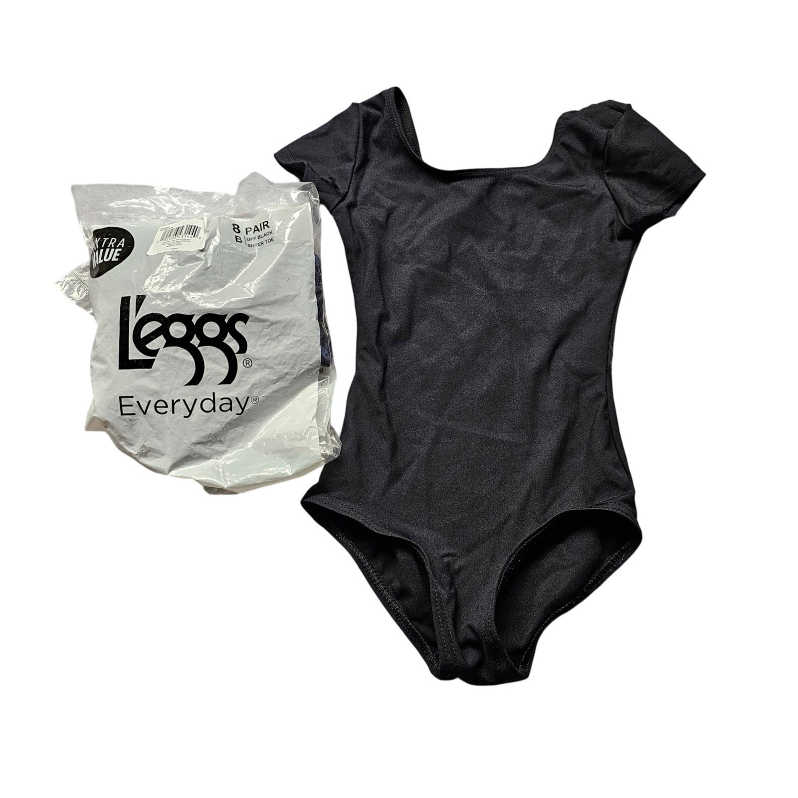 Black Short Sleeve Leotard and 4 L’eggs Everyday Off Black Sheer Toe Tights Set