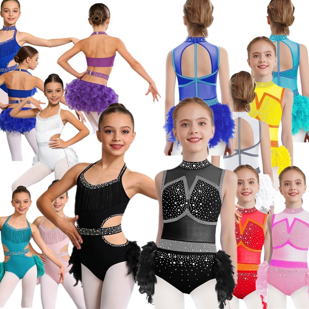 US Kids Girls Dance Leotard Shiny Rhinestones Sleeveless Jazz Latin Bodysuit