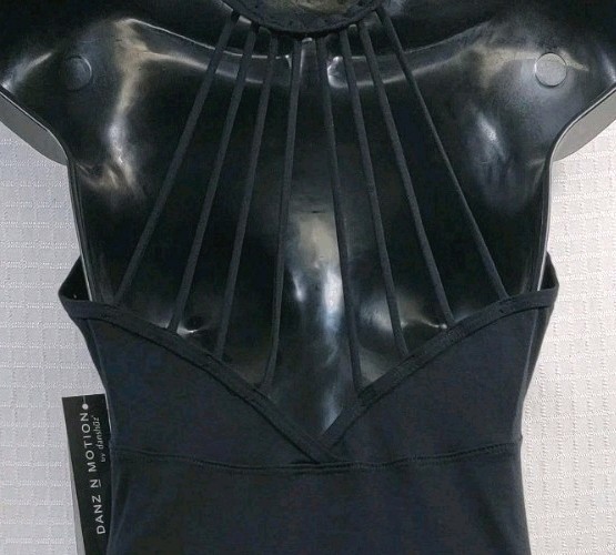 DanzNMotion Black Leotard Scoop Neck Empire Seam Open Back Vertical Straps SZ LA