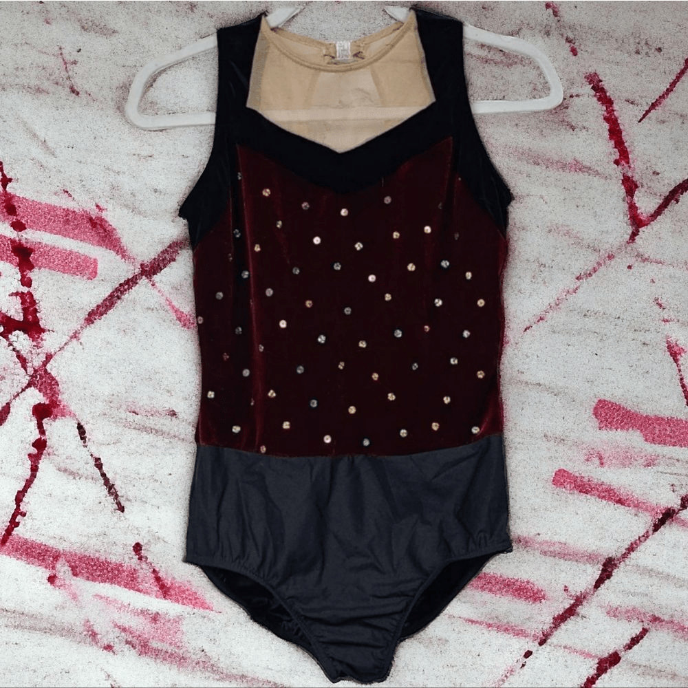 Adult Maroon Velvet Sequin Dance Costume Sleeveless Mesh Keyhole Cutout Leotard