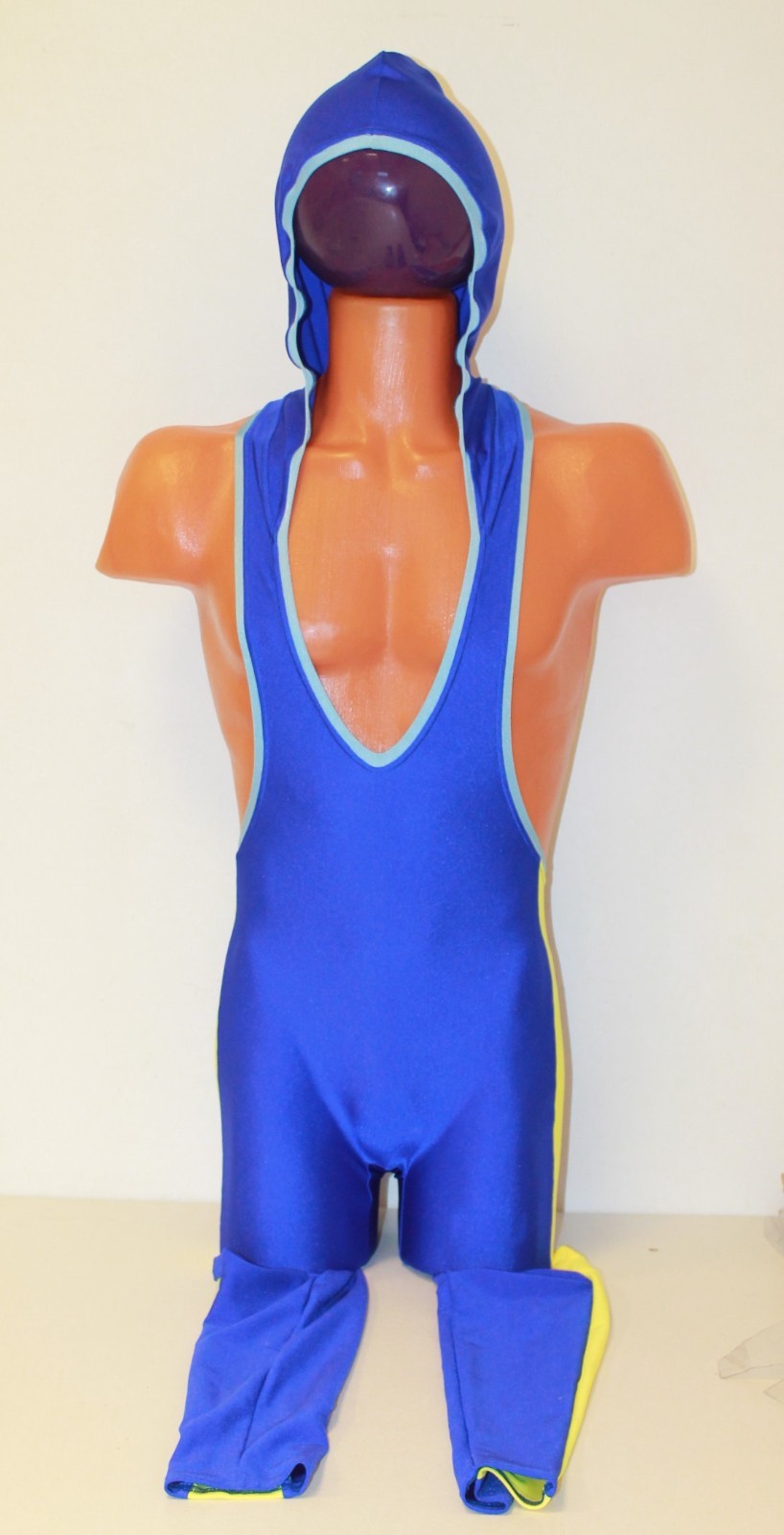 Men Long Unitard 302-68 Hood Side Insert Blue Spandex Light Blue Edging Size M