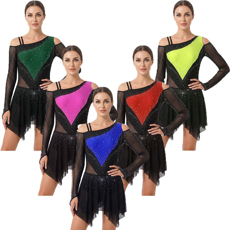 Womens Dancewear Color Block Bodysuit Lyrical Dress Hem Irregular Costume Mesh