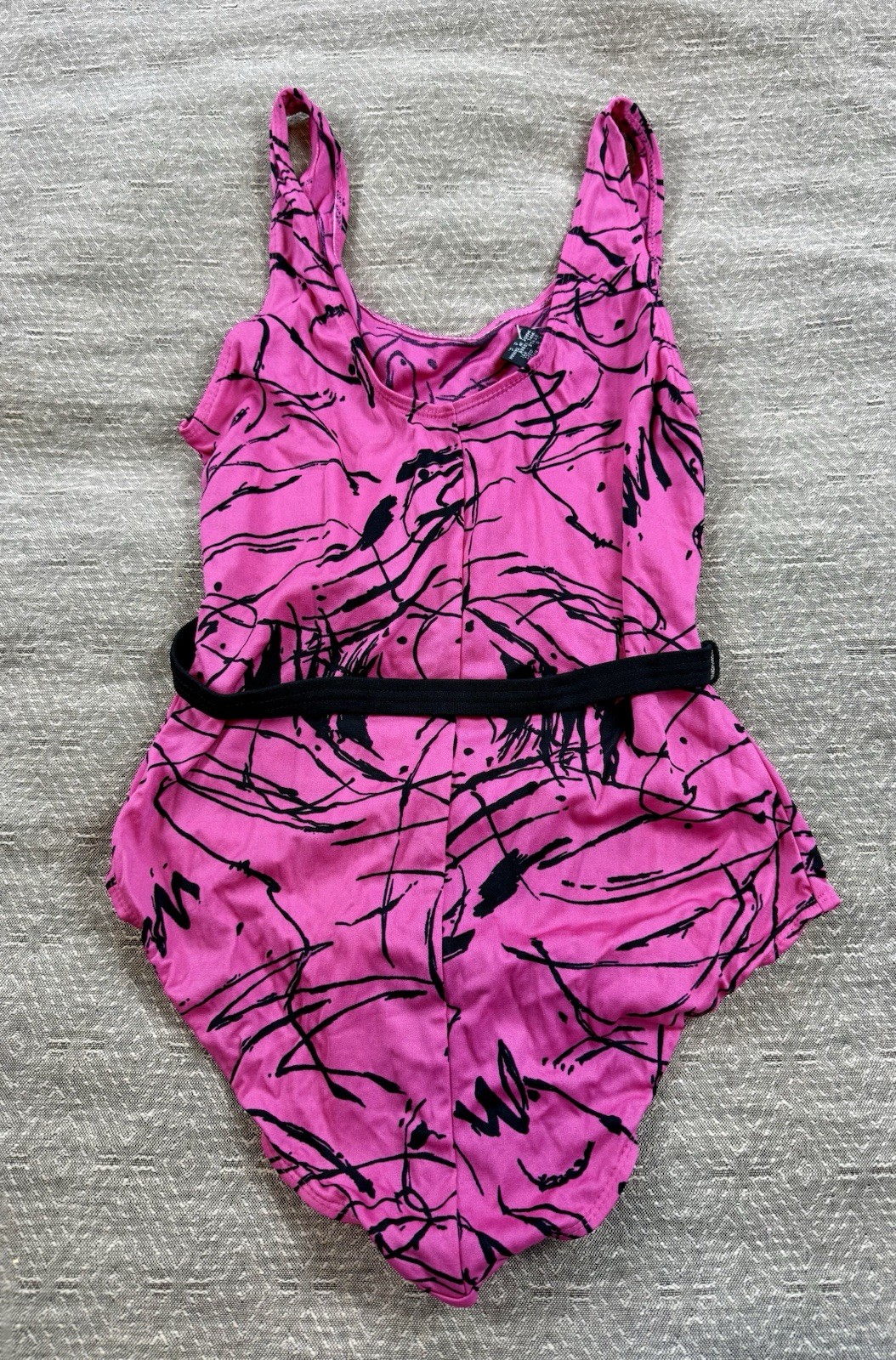 Authentic Vintage 1980s Neon Hot Pink And Black Belted Graffiti Leotard Swimsuit