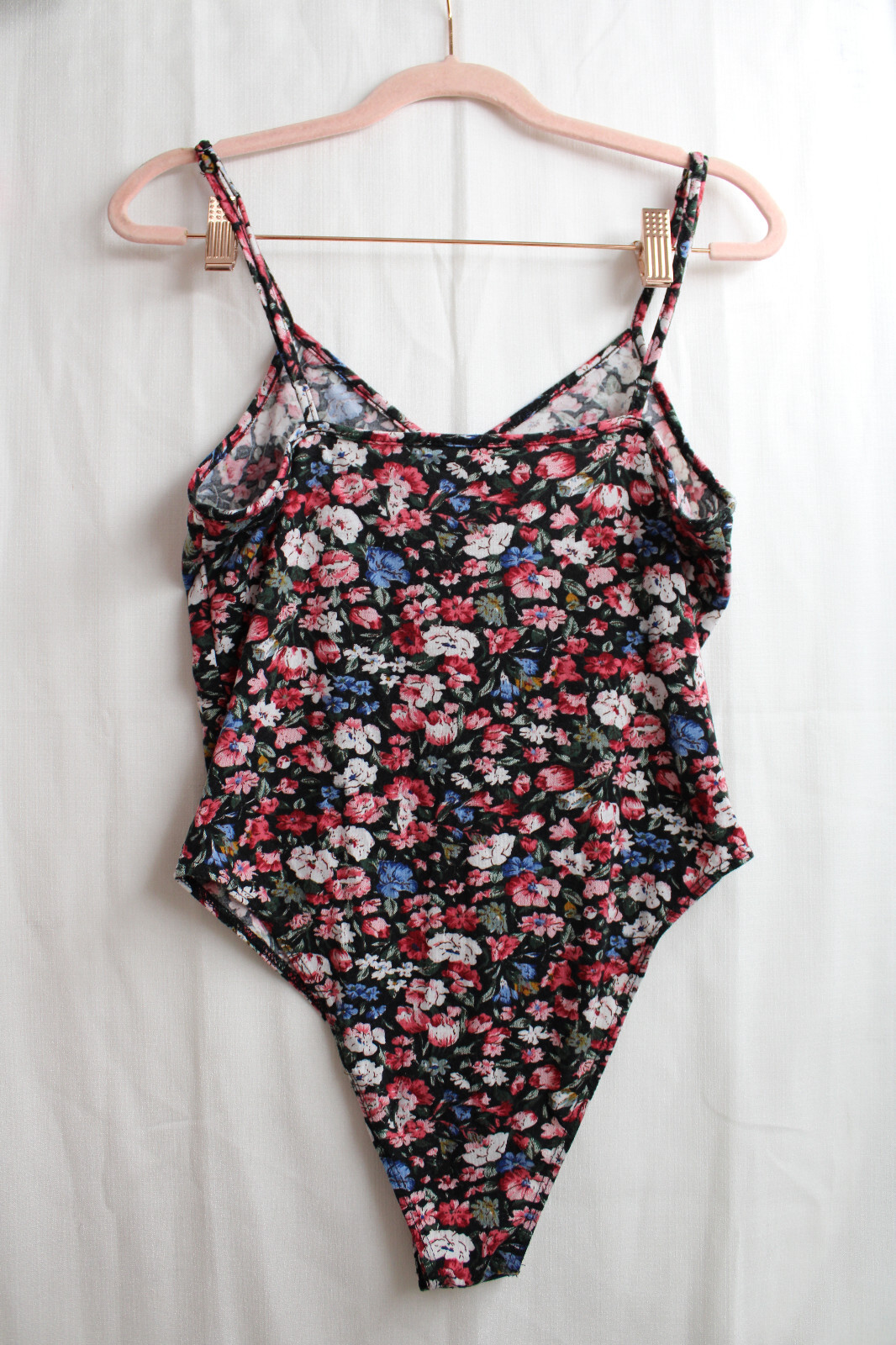 Women’s Black Red Floral SHEIN M Polyester Full Bottom Snap Leotard