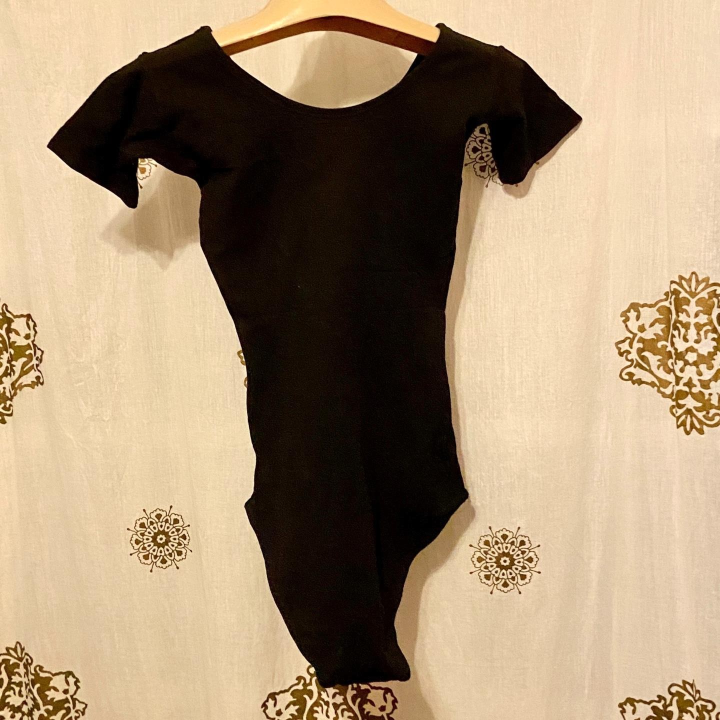 Vintage 70s SEARS Black Nylon Leotard Petite Scoop Neck Short Sleeve Ballet EUC