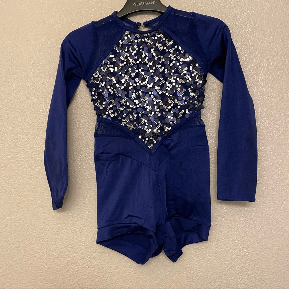 WEISSMAN Dance Costume navy blue sequin long sleeve High Hopes 11964 IC 7/8