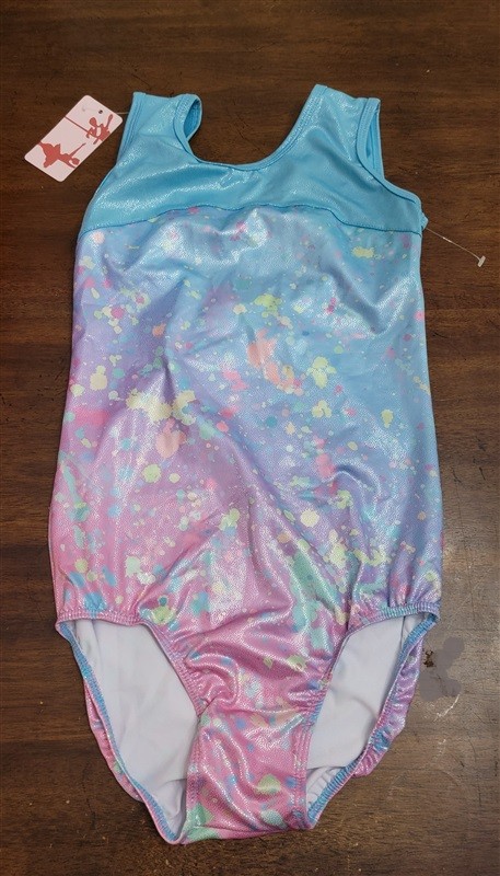 NWT Child’s 14 Sparkle Splatter Blue Pink Dance or Gymnastic Leotard 122266