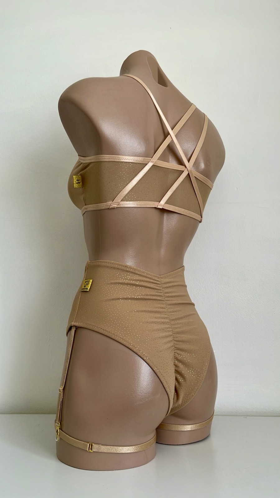 Schminke 👄 pole dance wear sheer nude gold mesh crop top & bottoms high waist