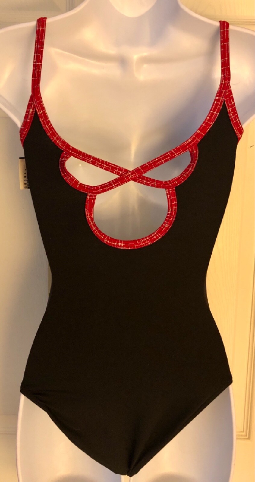 GK DANCE JAZZ ADULT X-SMALL BLACK NYLON RED MATRIX FOIL CAMI GYMNAST LEOTARD AXS