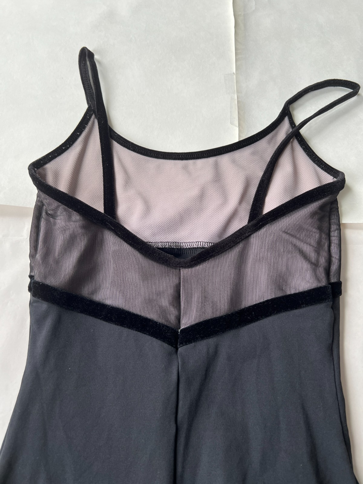 Ainsliewear Black and purple leotard with mesh overlay and velvet trims, size L