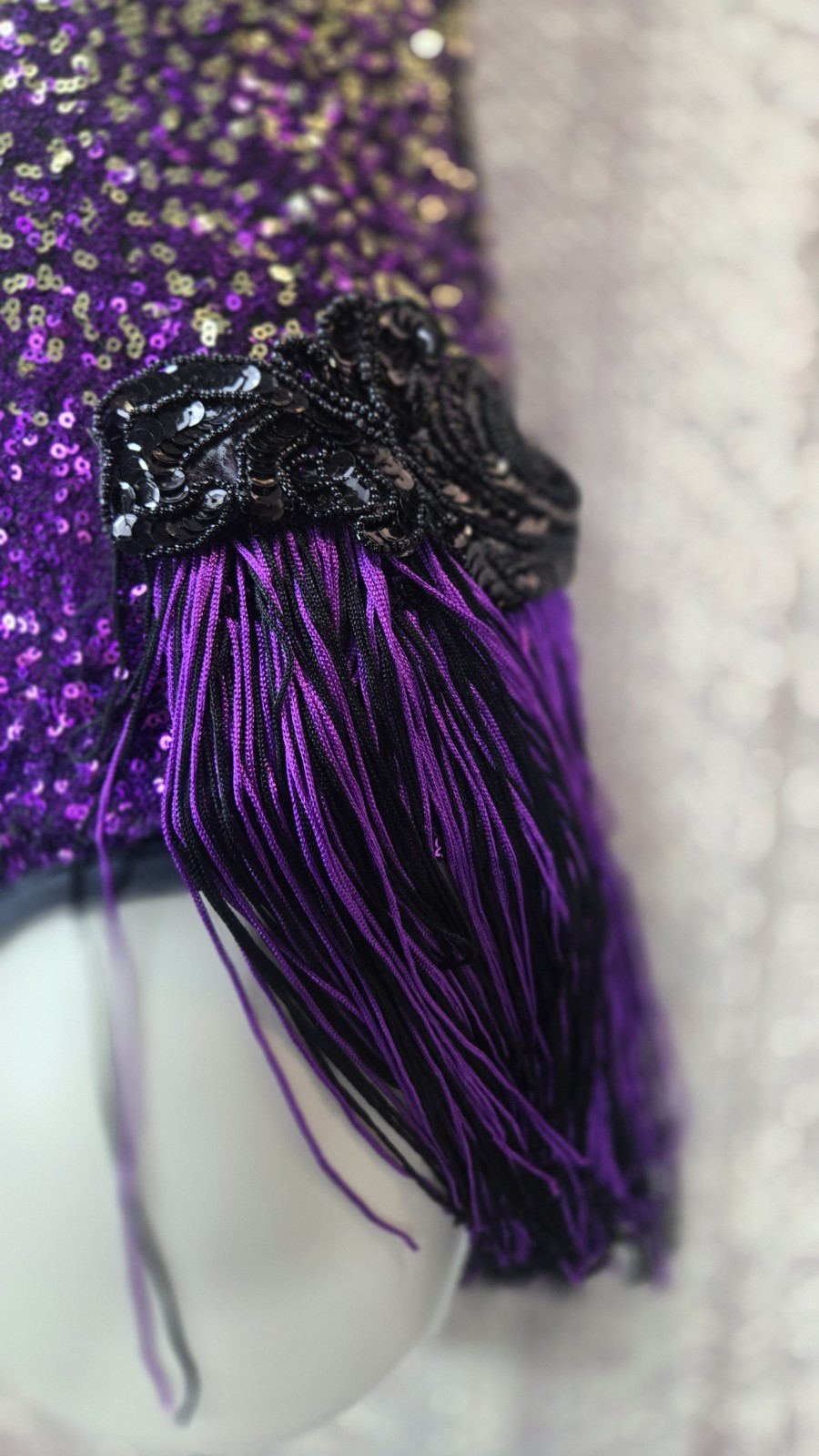 WEISSMAN Women’s SA (4/6) Purple Gold Black SEQUINS Dance Costume Tassels EUC