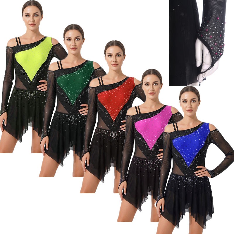 Womens Dancewear Color Block Bodysuit Lyrical Dress Hem Irregular Costume Mesh