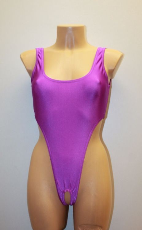 Women Thong Leotard 201-52 Open Back Hole Crotch Lilac Spandex Size S