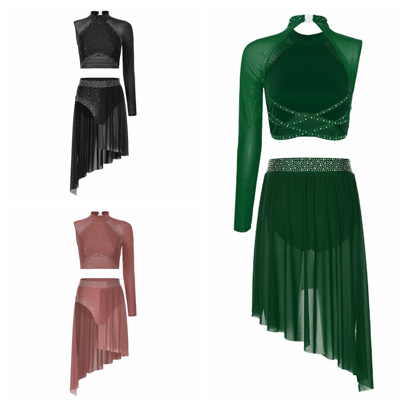 Women Dancewear Stage Outfit Lyrical Costume One Shoulder Top With Skirts 2pcs