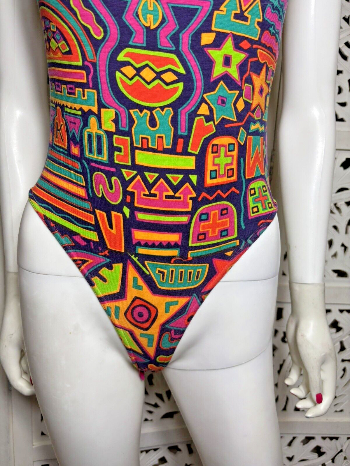 Vintage 80s 90s Anne Klein II Neon Abstract Bodysuit Exercise Gym Leotard Small