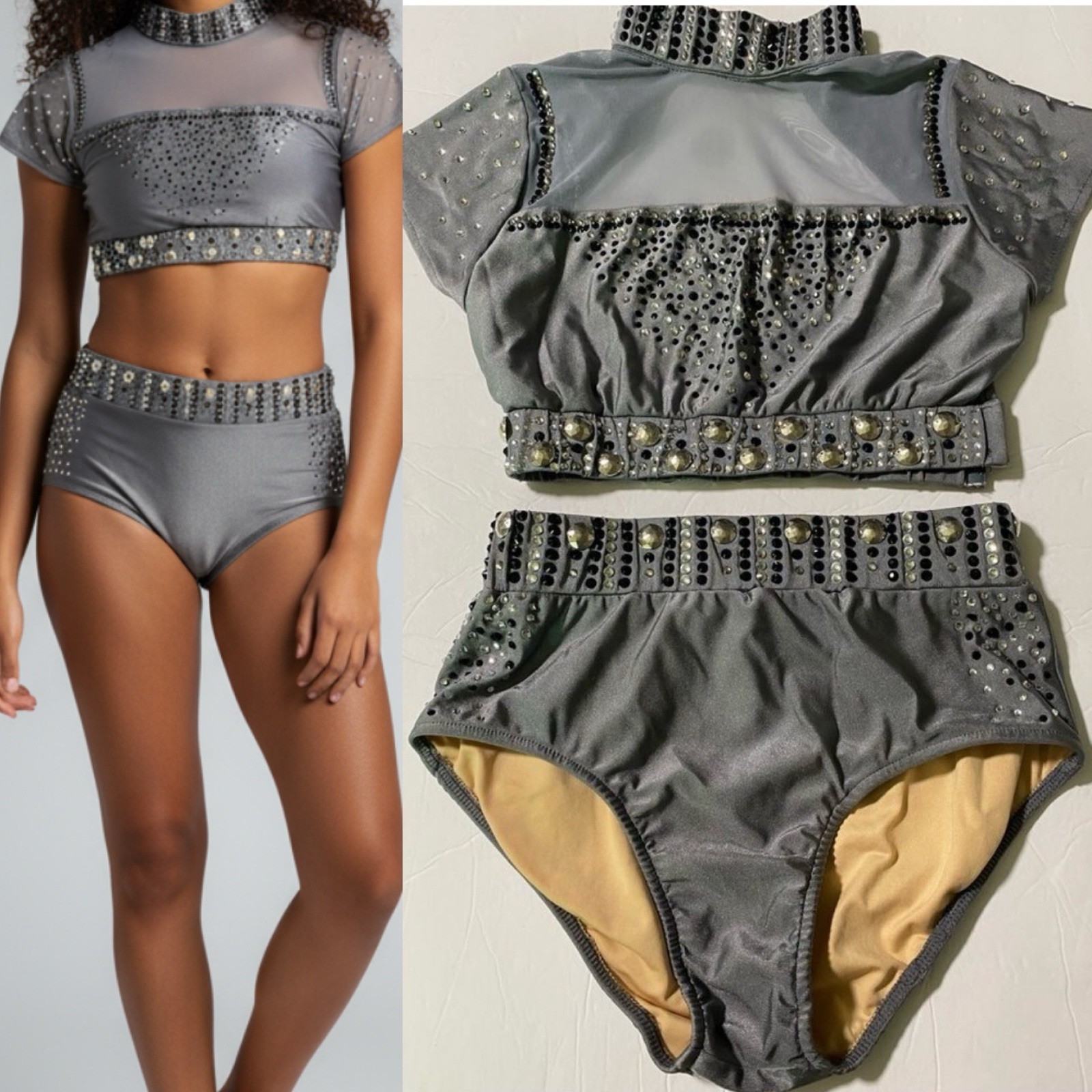 Glamour solo dance costume 2 piece gray embellished rhinestone SA adult