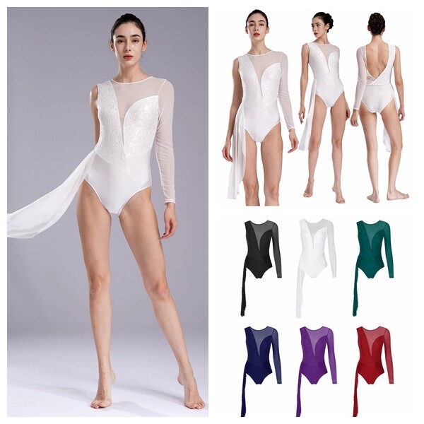 Womens Lyrical Dance Floral Lace Patchwork Leotard Stage Performance Bodysuit