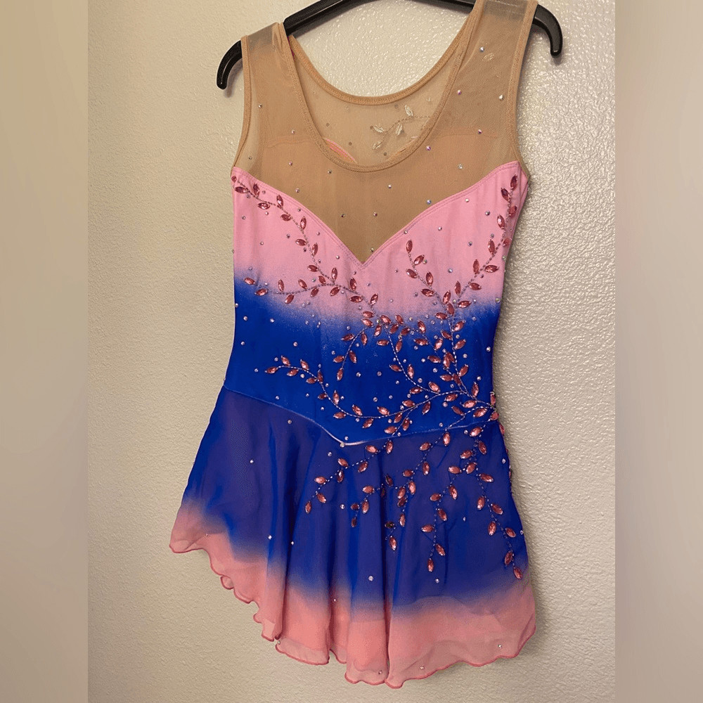 Custom solo dance ice skating ballet costume blue pink ombre stoned dress SA