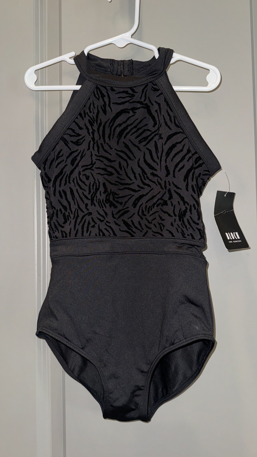 Bloch “Ellie” Animal Print Open Back Black Halter Mesh Bodice Black Leotard, 12
