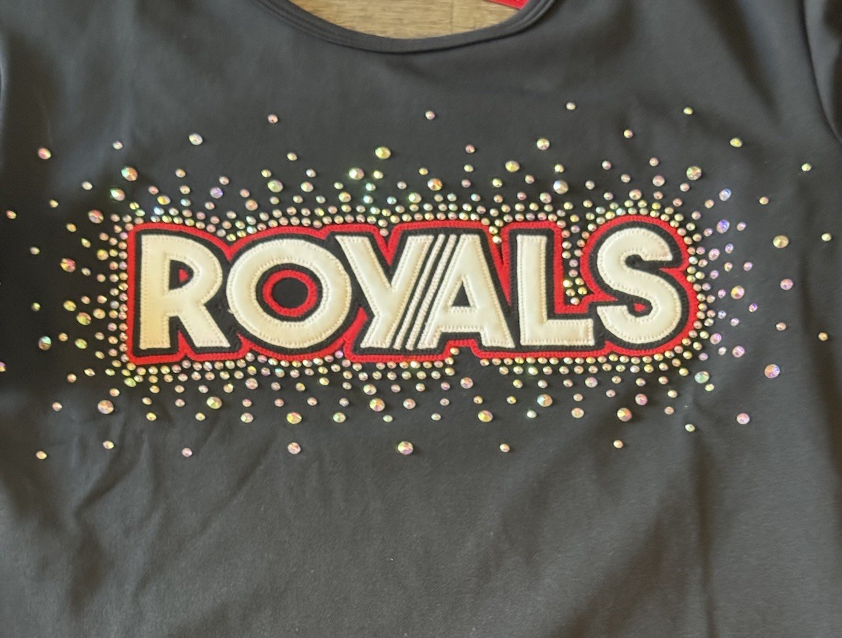ROYALS Cheer Dance Gymnastics Leotard Adult Medium Black Rhinestone Flutter