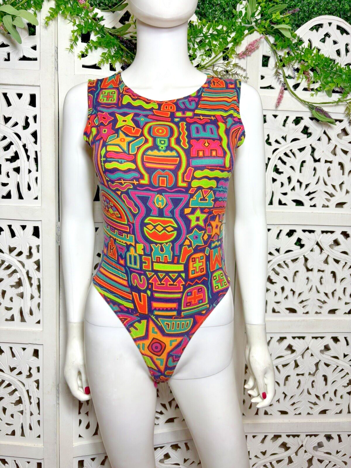 Vintage 80s 90s Anne Klein II Neon Abstract Bodysuit Exercise Gym Leotard Small