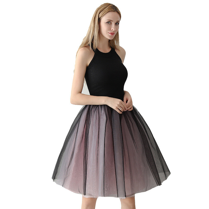 Women Dance Skirt Tutu Pleated Mesh Tulle Midi Knee Length 7 Layers Party