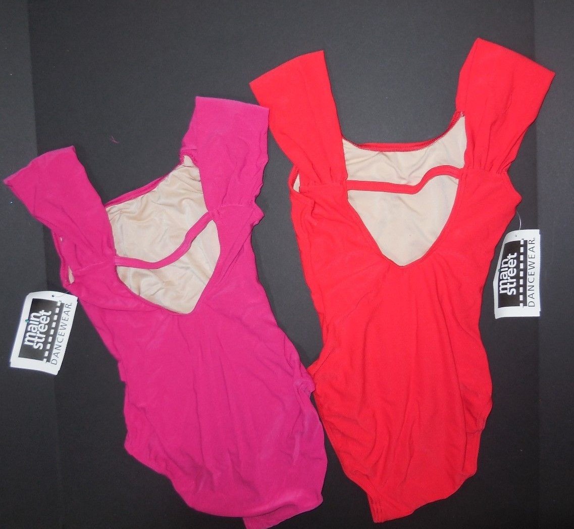 T Low Back Matte Spandex Leotard Lined Front Gathered Wide Strap Red or Berry