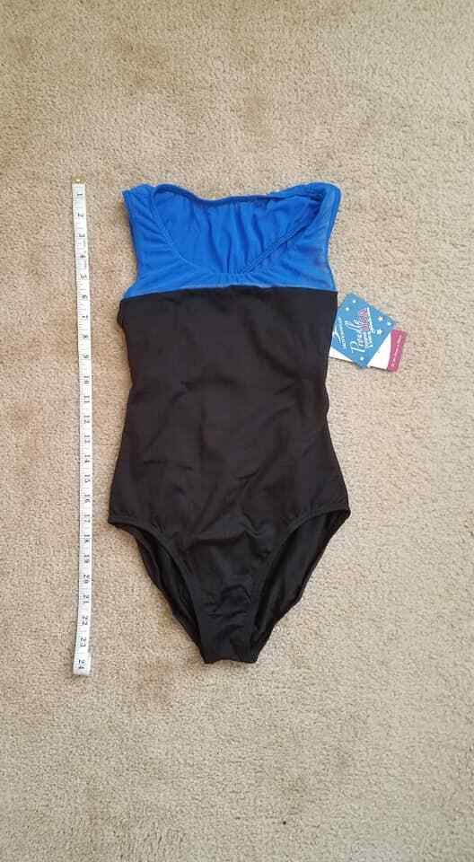 Women’s Blue and Black Mesh Wrap Back Tank Leotard – Large, + Free Tights