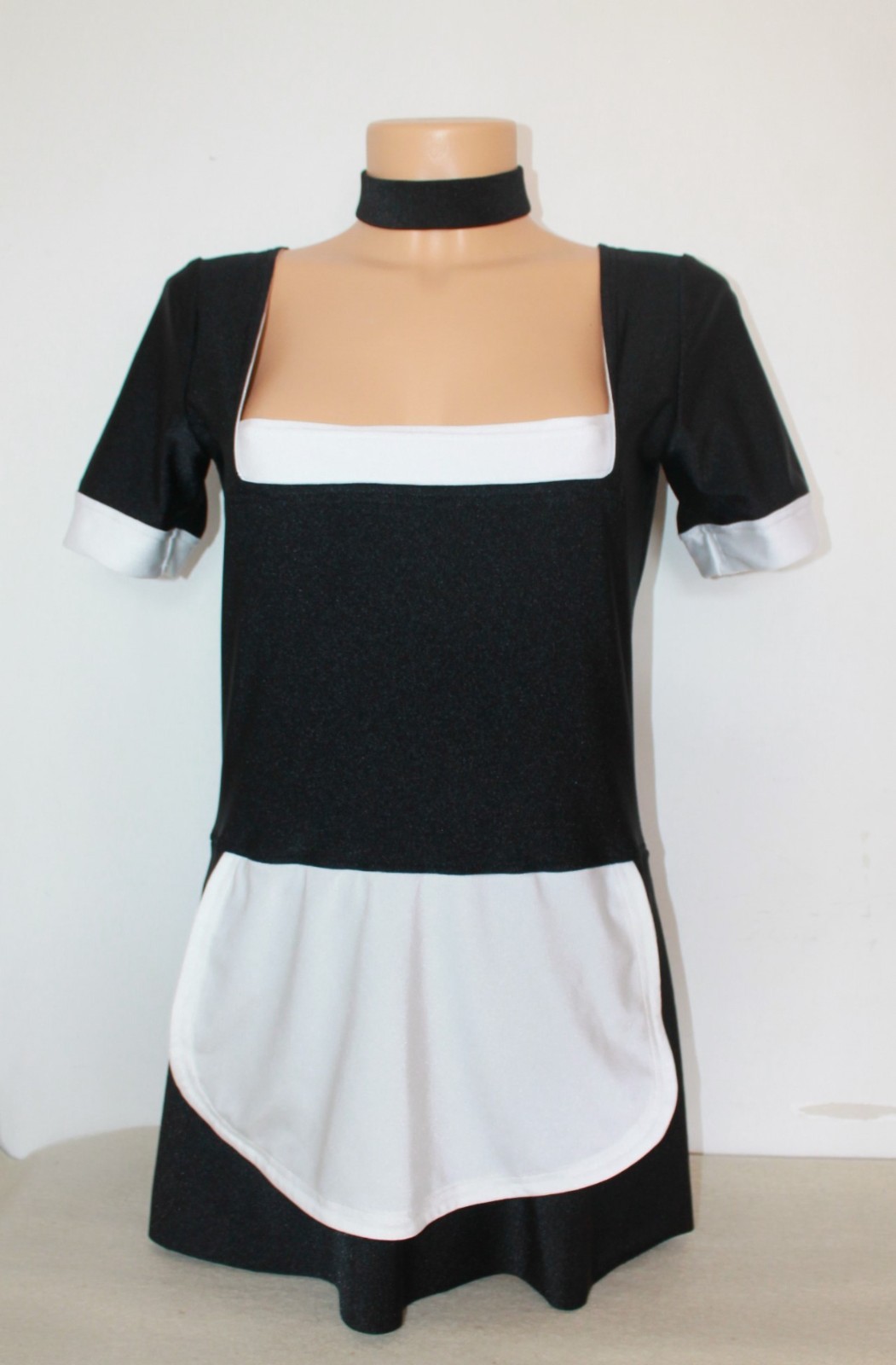 Set Women Costume 700-09 French Maid Dress White and Black Spandex Size S