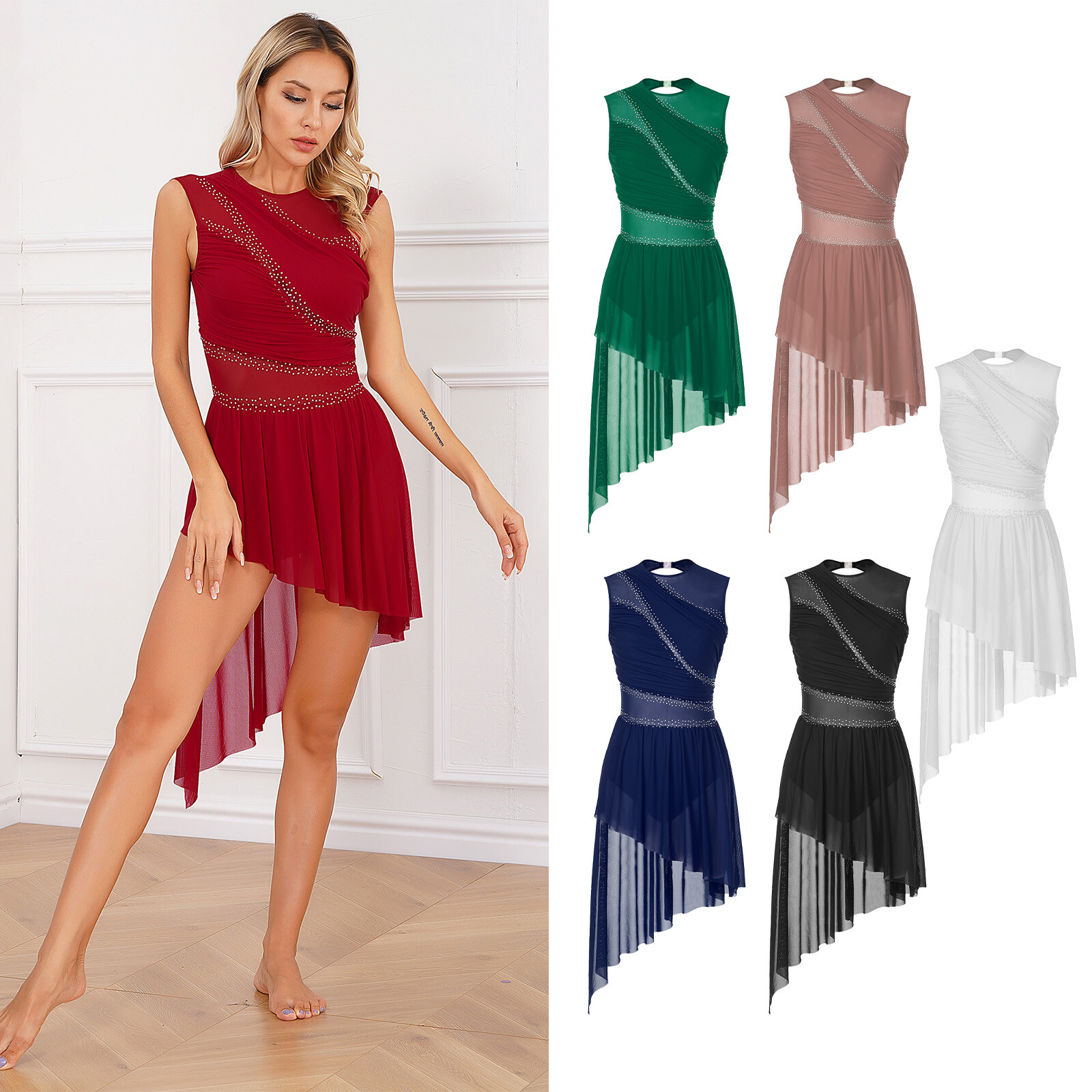 US Women’s Figure Skating Dress Shiny Sheer Mesh Irregular Lyrical Dance Costume