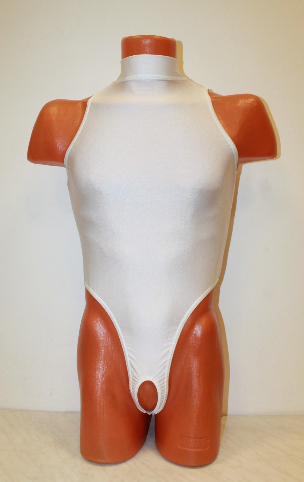 Men Thong Leotard 154-54 Open Back Hjgh Collar Hole Crotch White Spandex Size S