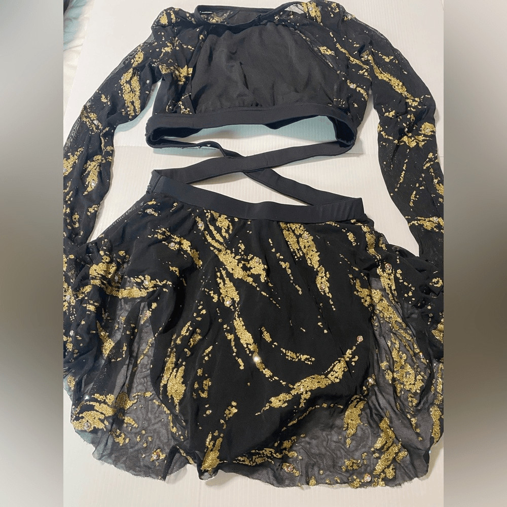Weissman elite dance costume black gold Glitter Brush Mesh Dress D11680 MA adult