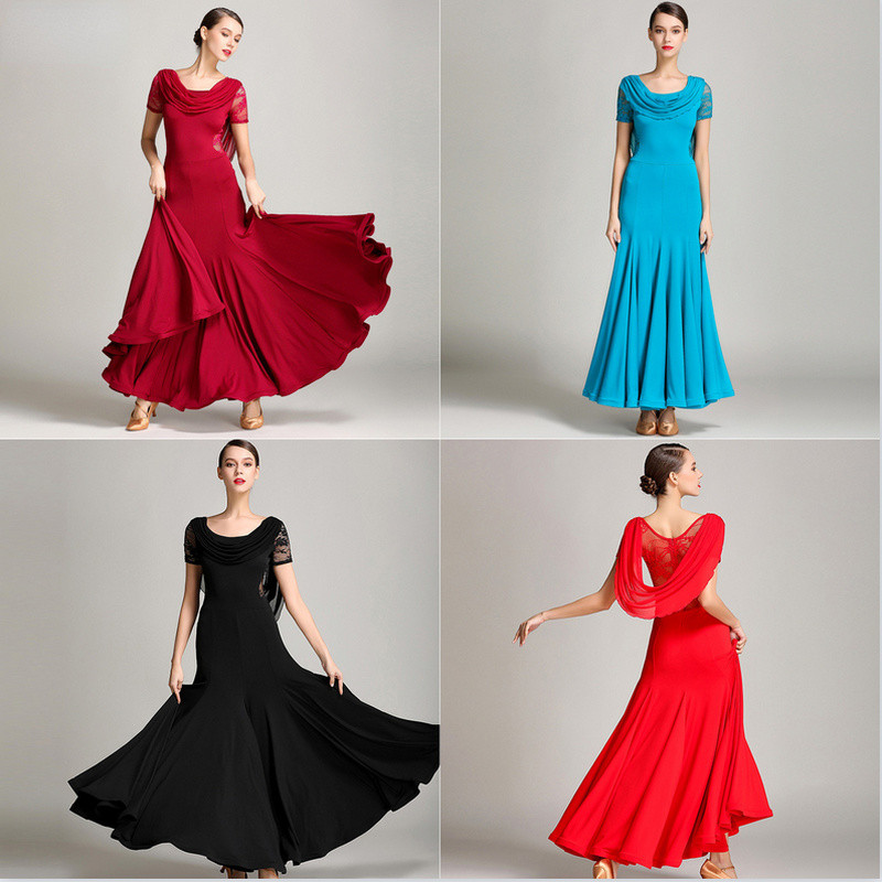 Women Cowl Neck Long Dance Dress Waltz Modern Tango Ballroom Dancewear Fashion