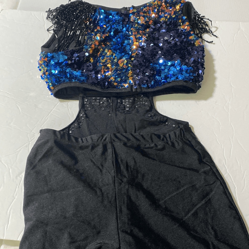 Glamour solo dance costume black sequin unitard rhinestone embellished SA adult