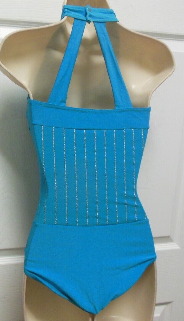 Turquoise HALTER LEOTARD SILVER GLITTER STRIPED Adult SIZES DANCE COSTUME BATON