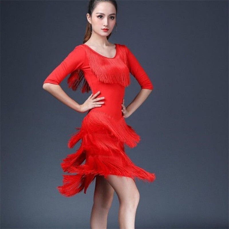 Women Latin Dance Dress Salsa Dancewear Tassel Ballroom Tango Black Red