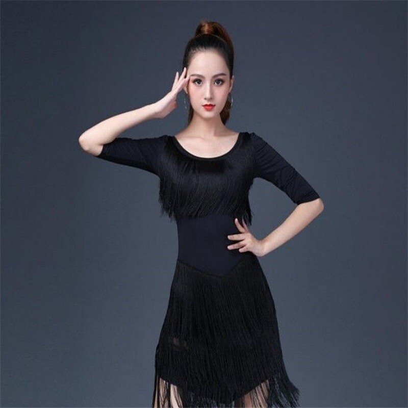 Women Latin Dance Dress Salsa Dancewear Tassel Ballroom Tango Black Red