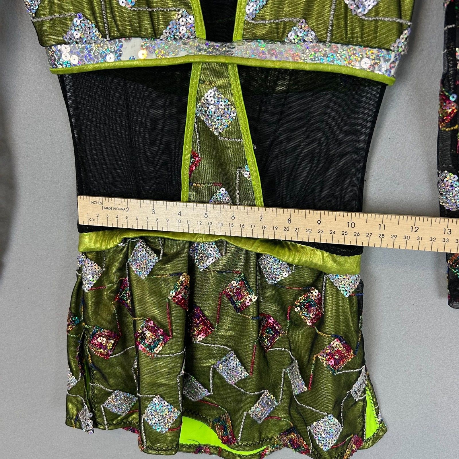 Mara Dancewear Medium Green Sequin Mesh Long Sleeve Alternative Leotard Shorts