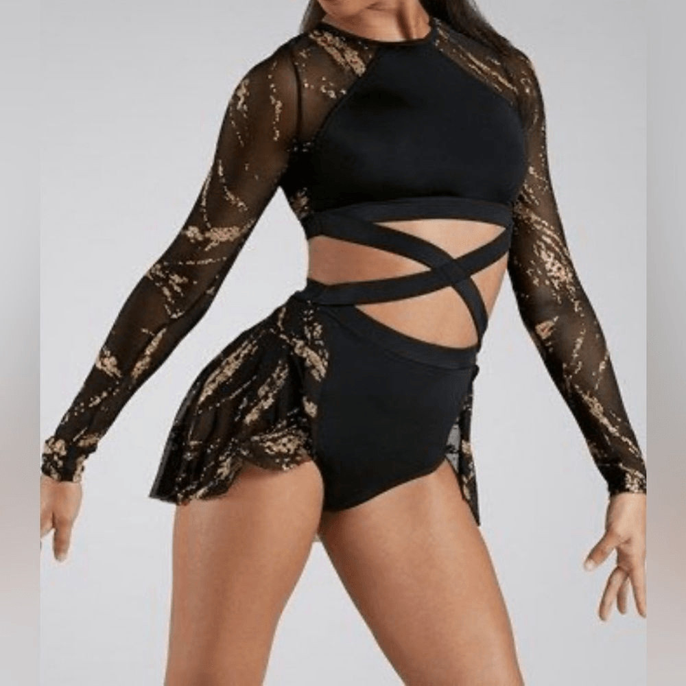 Weissman elite dance costume black gold Glitter Brush Mesh Dress D11680 MA adult