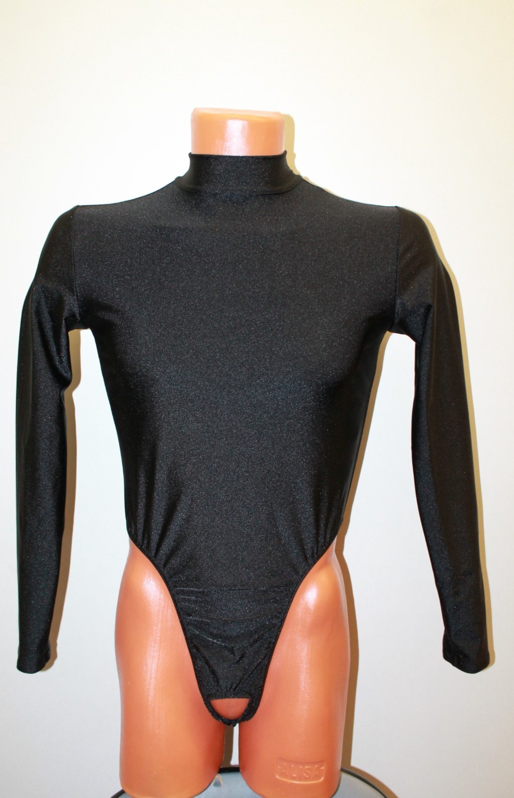 Men Thong Leotard 159-50 Long Sleeve Hole Crotch Black Spandex Size L