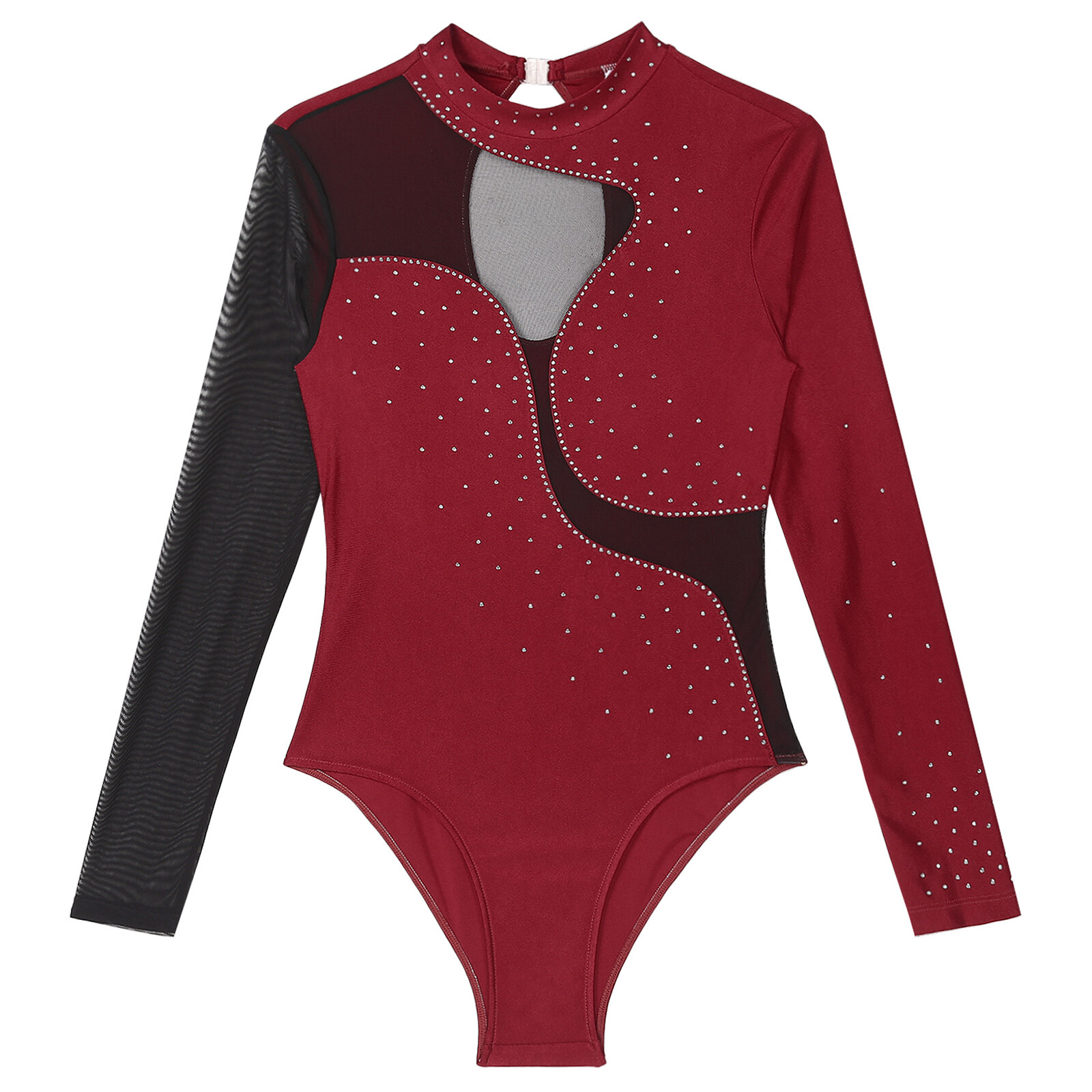 Womens Color Block Long Sleeve Bodysuit Leotard for Gymnastics Figure Skating