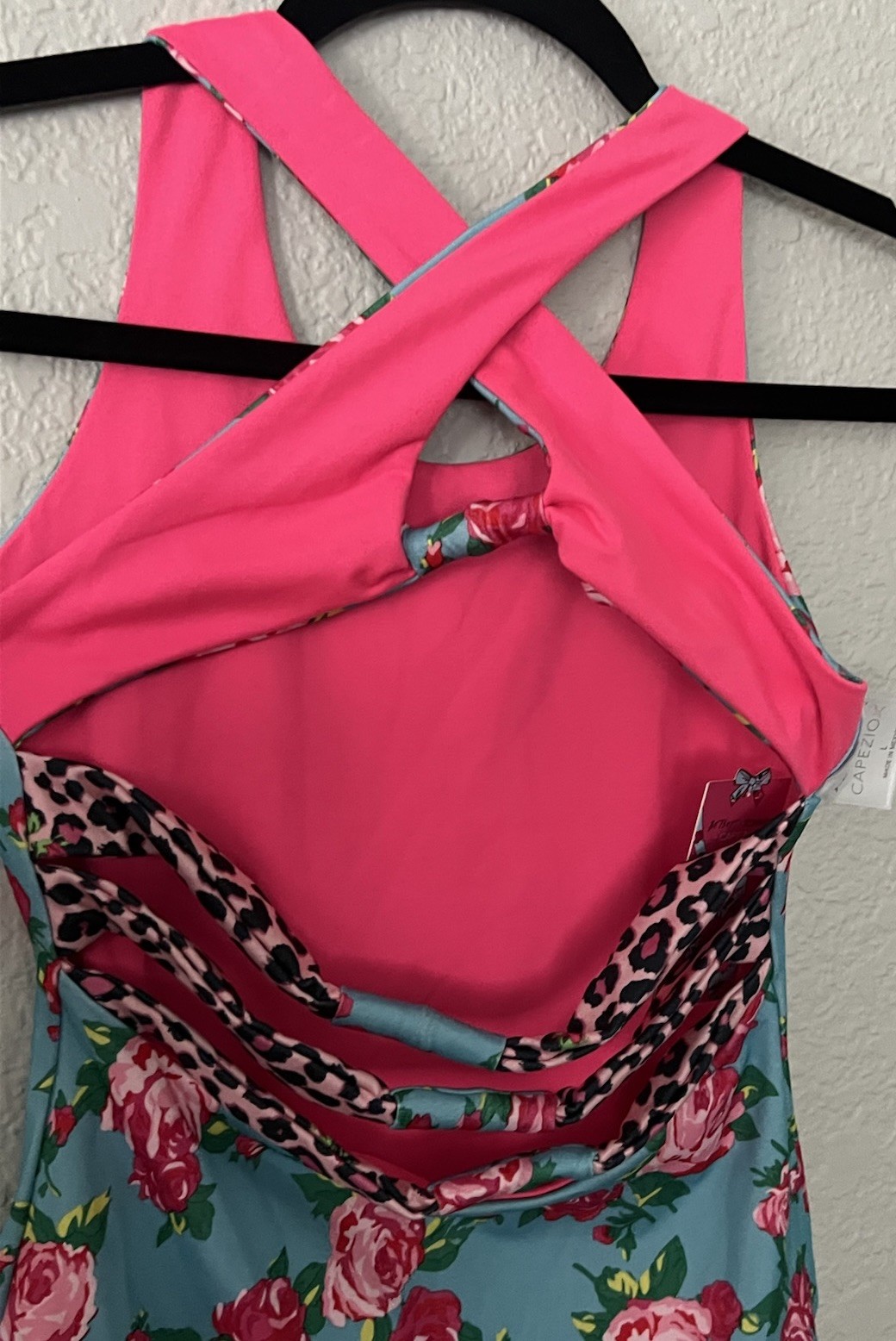 Betsey Johnson Capezio strappy back Reversible leotard Blue Floral / Pink Large